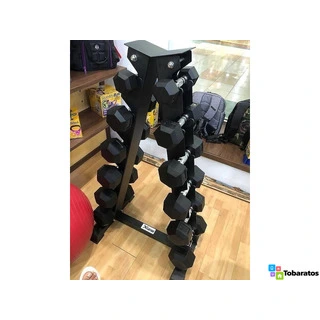 Juego de Mancuernas Hexagonales de Goma, Fácil agarre, 210 lb con Estante tipo t - 2